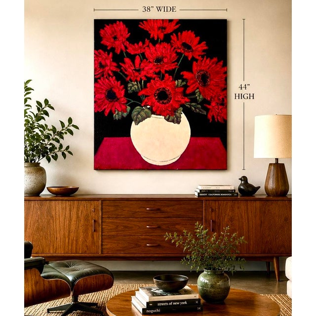 Mid 20th Century Large Original Floral Oil Painting of Red Sunflowers For Sale - Image 5 of 5