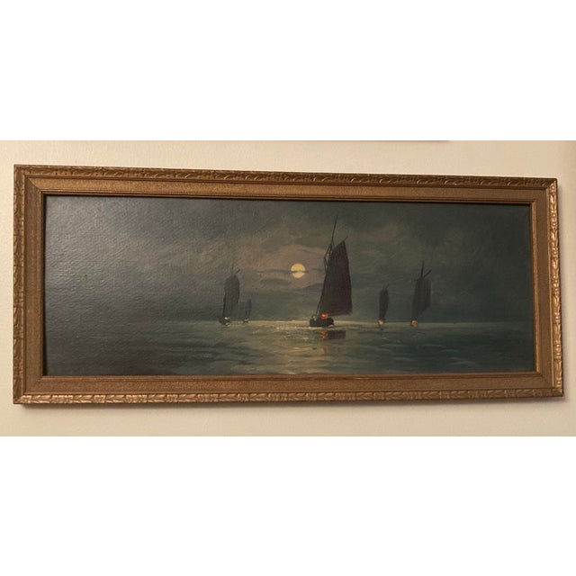 Paint American 19 Century Maritime Oil painting.This Moonlit Maritime Painting 19century Atmospheric Nocturnal Scene a Style Often Referred to as Nocturne. For Sale - Image 7 of 11