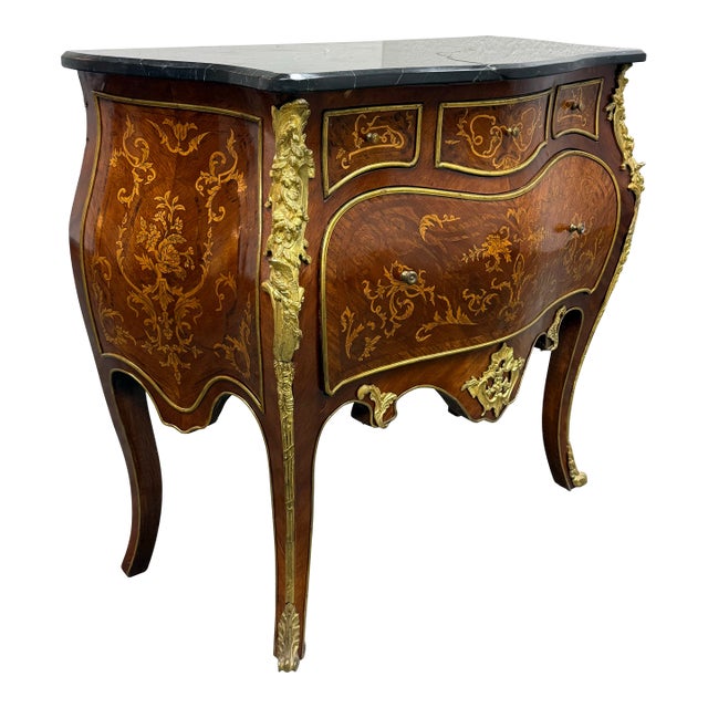 Louis XV Style Bombe Marquetry Commode, Vintage For Sale
