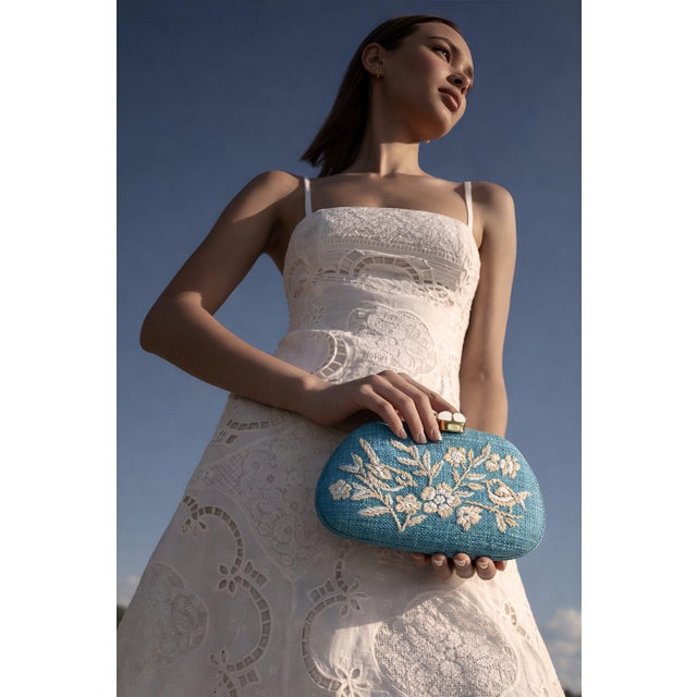 Textile Tamu Bean Clutch in Blue / White For Sale - Image 7 of 7