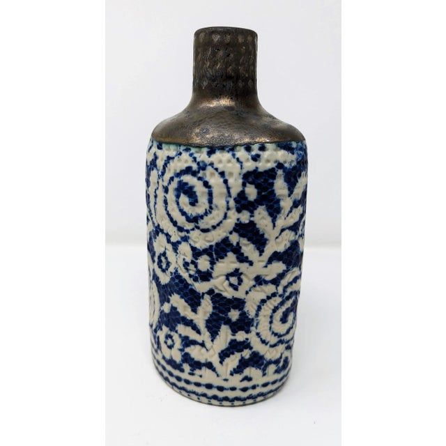 Early 21st Century Costal Blue, White, and Metalic Hand Painted and Handmade Ceramic Floral Vase Description For Sale - Image 5 of 7