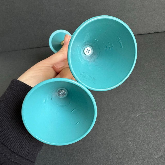 Vintage Post Modern Candle Stick Holders 80s 90s Turquoise Memphis Style a Pair For Sale - Image 6 of 6