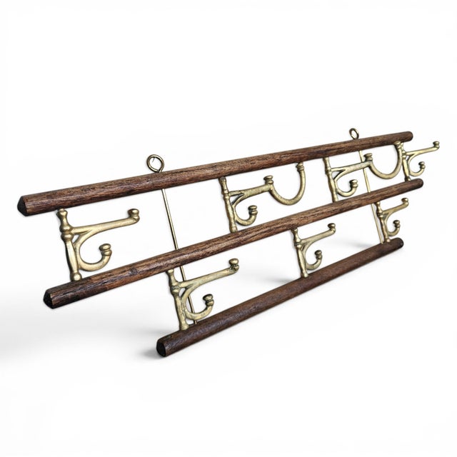 Antique French Brass and Oak Expandable Bistro Coat Rack For Sale - Image 10 of 12