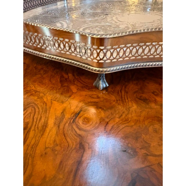 Antique Edwardian Silver-Plated Engraved Tea Tray with Pierced Gallery, 1900 For Sale - Image 12 of 15