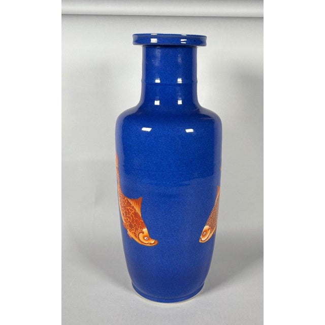 Asian CHINA, 19th century. Porcelain vase with a scroll decorated with carp on a powder blue background. For Sale - Image 3 of 9