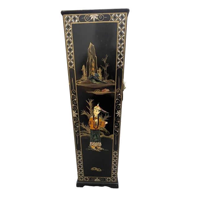 Vintage Chinoiserie Black Lacquer and Soap Stone Maiden Umbrella Stand For Sale - Image 4 of 18