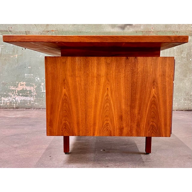 Wood 1960s Jens Risom 72” Executive Walnut Double Pedestal Desk W/Custon Center Drawer, Restored Top For Sale - Image 7 of 12