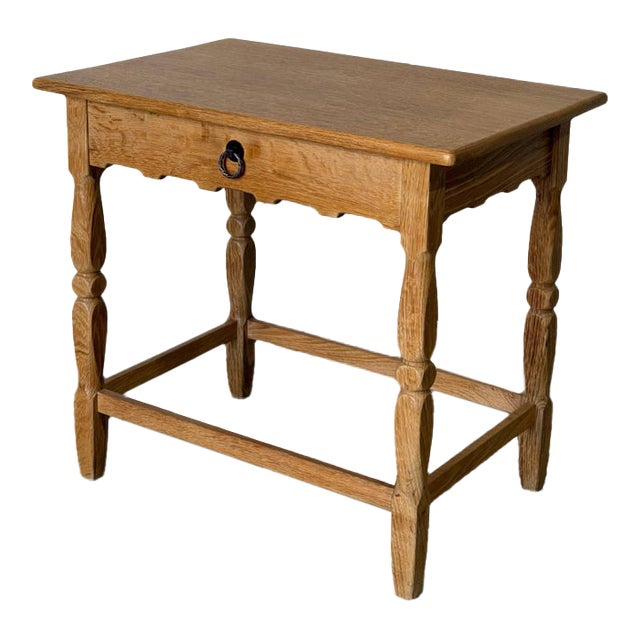Oak Side Table With Single Drawer Turned Legs and Metal Pull Accent Vintage 1970s For Sale