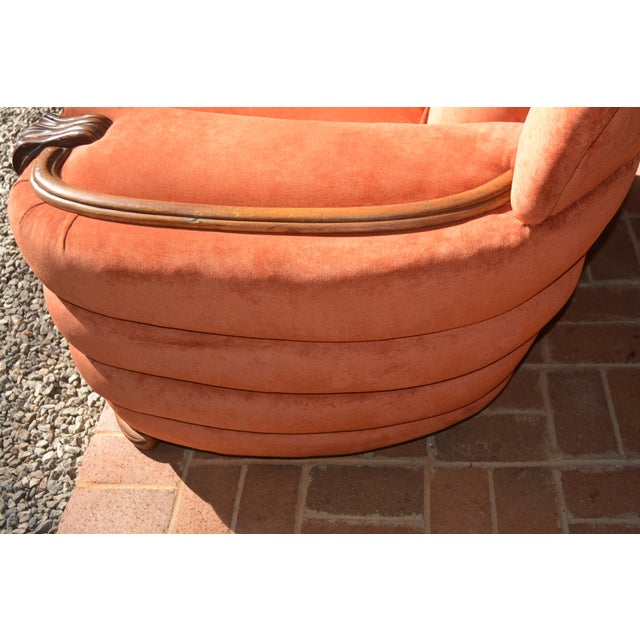 1950s 1950s Art Deco Large Orange Club / Accent Arm Chair With Wood Trim & Rounded Ribbed Sides For Sale - Image 5 of 15