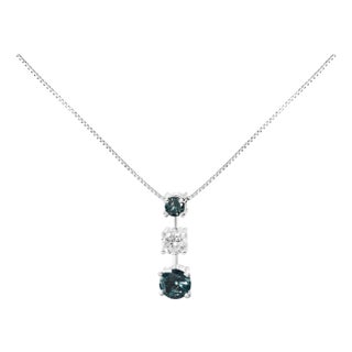 14K White Gold 1 1/2 Cttw Treated Blue and White Diamond 3-Stone 18" Pendant Necklace For Sale