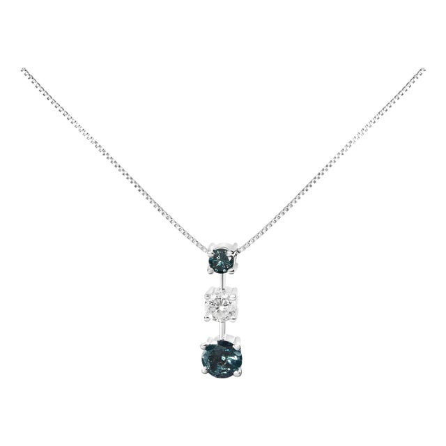 14K White Gold 1 1/2 Cttw Treated Blue and White Diamond 3-Stone 18" Pendant Necklace For Sale