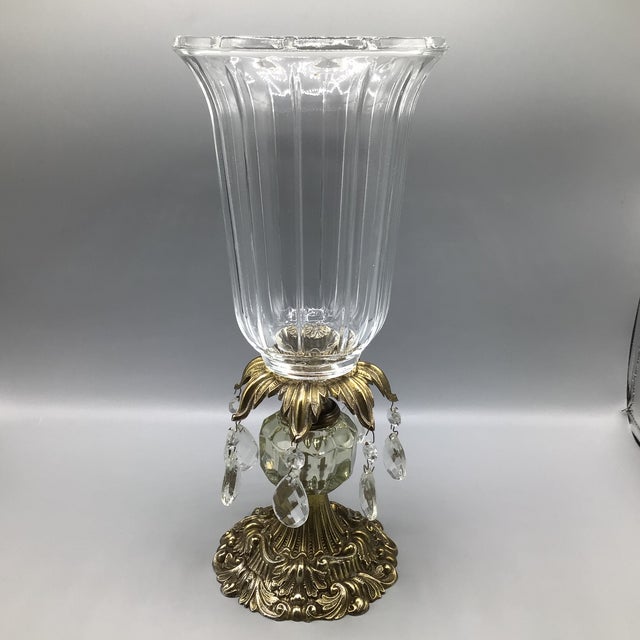 Hurricane Candle Holder Brass Base and Crystal Bowl With Hanging Crystals For Sale In Sacramento - Image 6 of 12