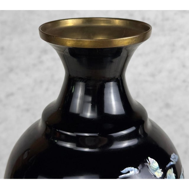 Metal Vintage 14" Chinese Brass & Black Enamel Mother of Pearl Inlaid Vase For Sale - Image 7 of 11