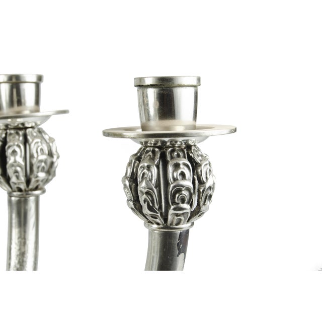 1920s Pair of 1920s Art Déco Polished Silvered Bronze 4-Arms Candelabras, France For Sale - Image 5 of 9