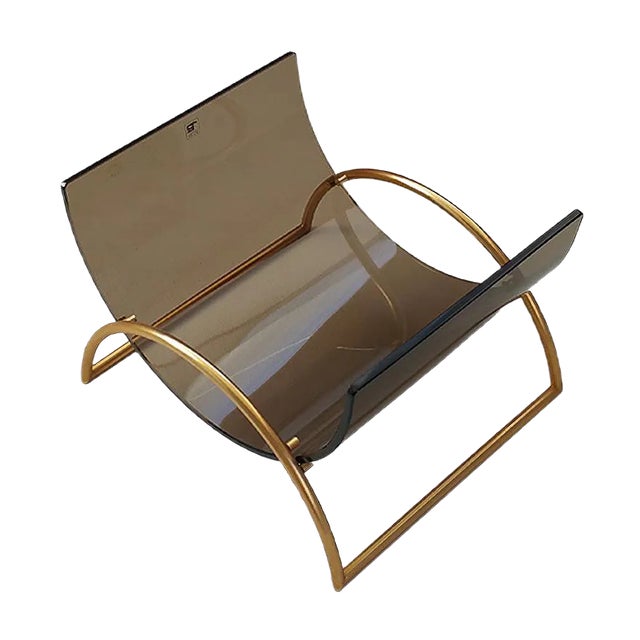 Brass & Smoked Glass Magazine Holder by Pierangelo Gallotti for Gallotti & Radice, 1980s For Sale