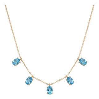 Swiss Blue Topaz Station Necklace | 925 Sterling Silver Dangling Gemstone Necklace For Sale