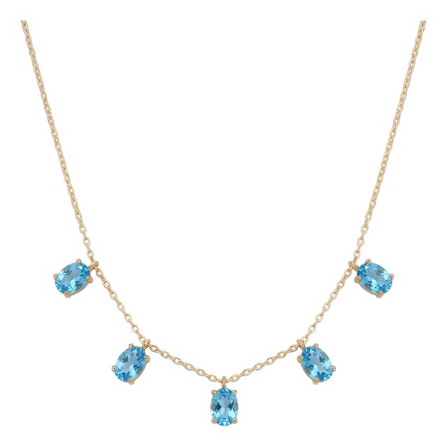 Swiss Blue Topaz Station Necklace | 925 Sterling Silver Dangling Gemstone Necklace For Sale