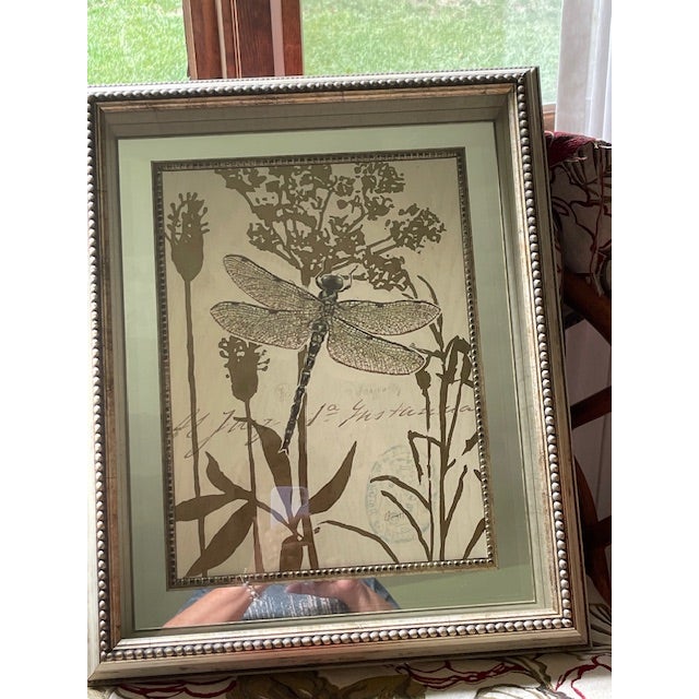 Lovely muted gold leaf embellished sturdy frame, mirrored back shadow box, with Snapdragon; translucent wings and black...