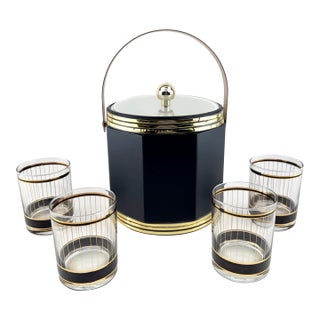 1960s Mid-Century Modern Culver Black and Gold Lowball Glasses With Coordinating Ice Bucket – Set of 5 For Sale