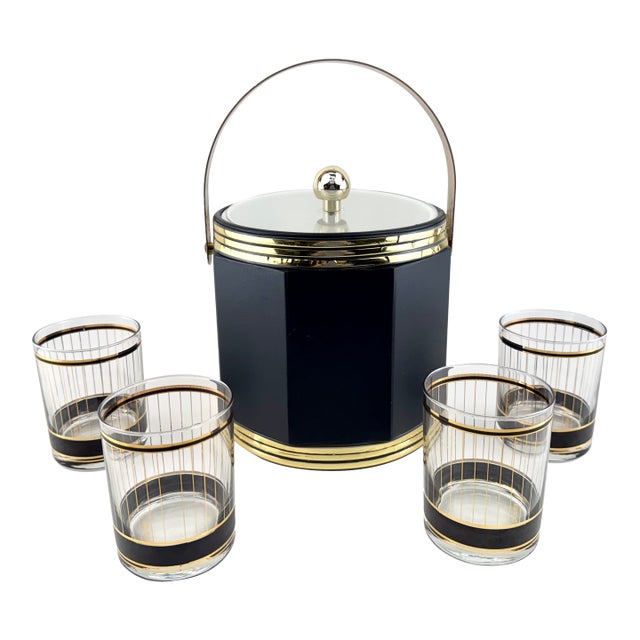 1960s Mid-Century Modern Culver Black and Gold Lowball Glasses With Coordinating Ice Bucket – Set of 5 For Sale