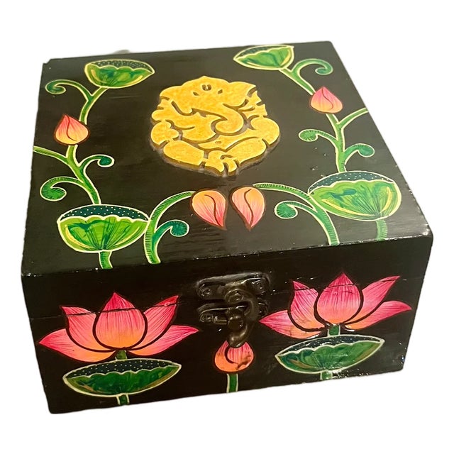 Vintage Hand-Painted Wooden Lotus Jewelry Box With Gold Motif For Sale
