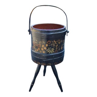 1920s Hand-Crafted, Painted and Decorated Tripod Firkin or Sewing Bucket For Sale