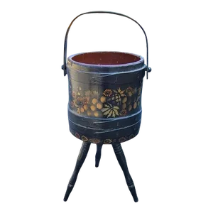 1920s Hand-Crafted, Painted and Decorated Tripod Firkin or Sewing Bucket