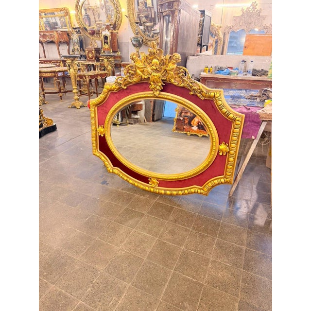 Rococo Vintage Cherub Grand Mirror Wall hanging 55"W Burgundy For Sale - Image 3 of 6