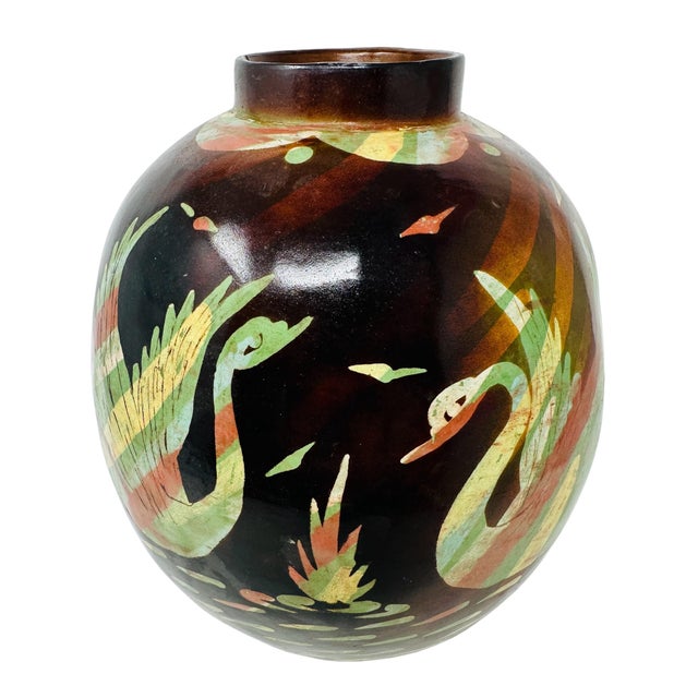 Mid-Century Modern Large Vintage Peruvian Chulucanas Smoked Pottery Swan Sphere Vase For Sale - Image 3 of 12