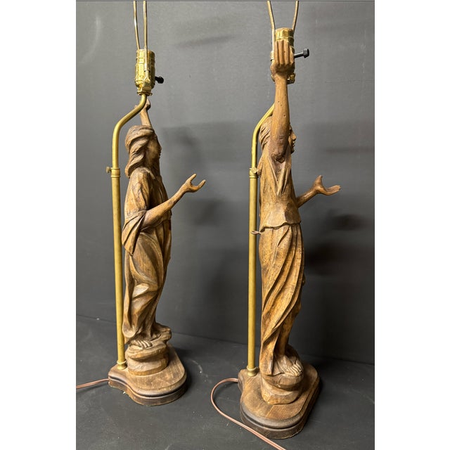 Early 20th Century Pair of Antique Walnut Carved Female Figure Lamps For Sale - Image 12 of 14