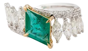 Natural Zambian Emerald 1.39 & Diamond 1.62cts Ring in 18k Gold