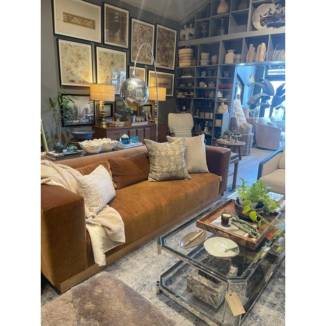 Contemporary Custom 8' Cisco Tight Back Pumpkin Sofa on Burl Plinth For Sale - Image 3 of 7