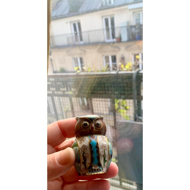 Mid 20th Century Vintage Brass Cloisonné Owl Lamp Finial For Sale - Image 5 of 6
