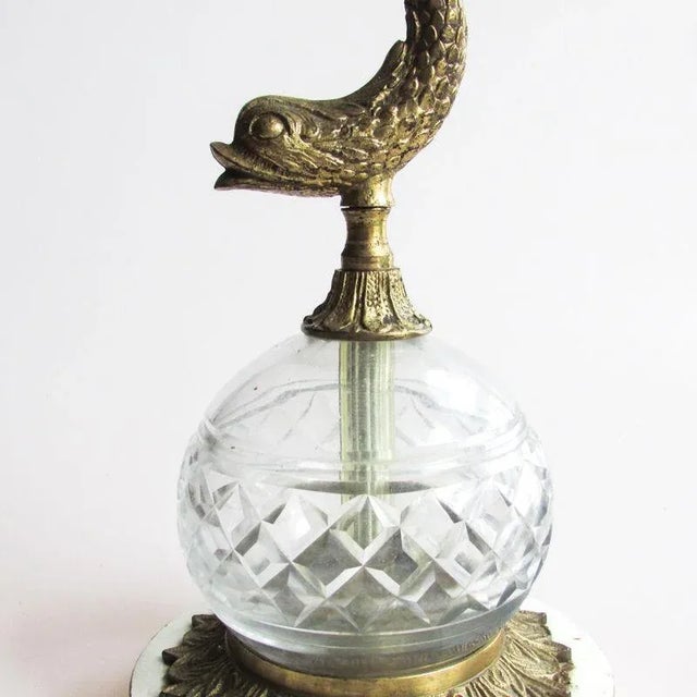 Brass Vintage Brass Dolphin Form Lamps With Glass Fonts, Rewired - a Pair For Sale - Image 8 of 12