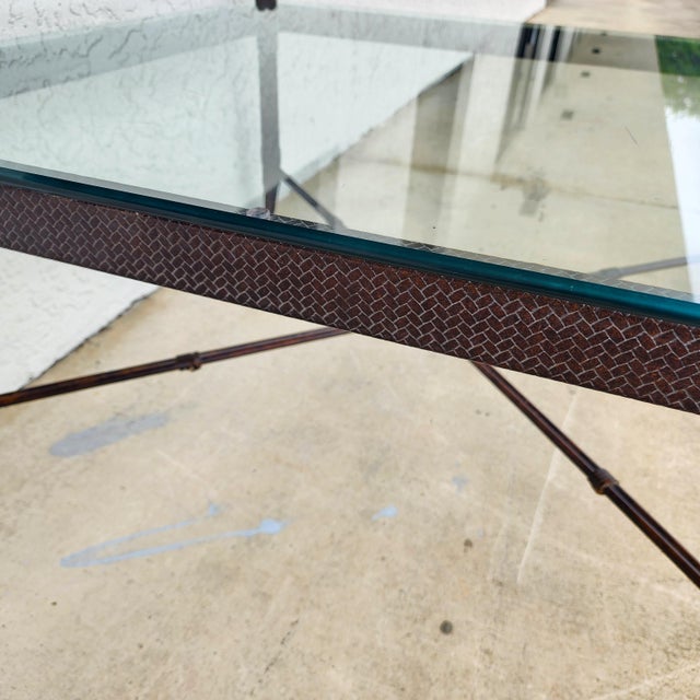 Maitland Smith Style Faux Metal Bamboo Glass & Leather Cocktail Table For Sale - Image 12 of 13