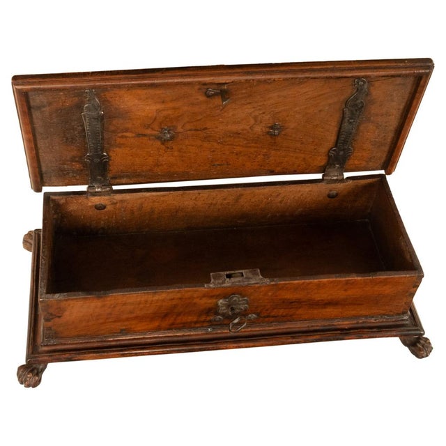 17th Century Antique Italian Baroque Walnut & Engraved Iron Jewelry Strong Box Cassone 1600 For Sale - Image 5 of 17