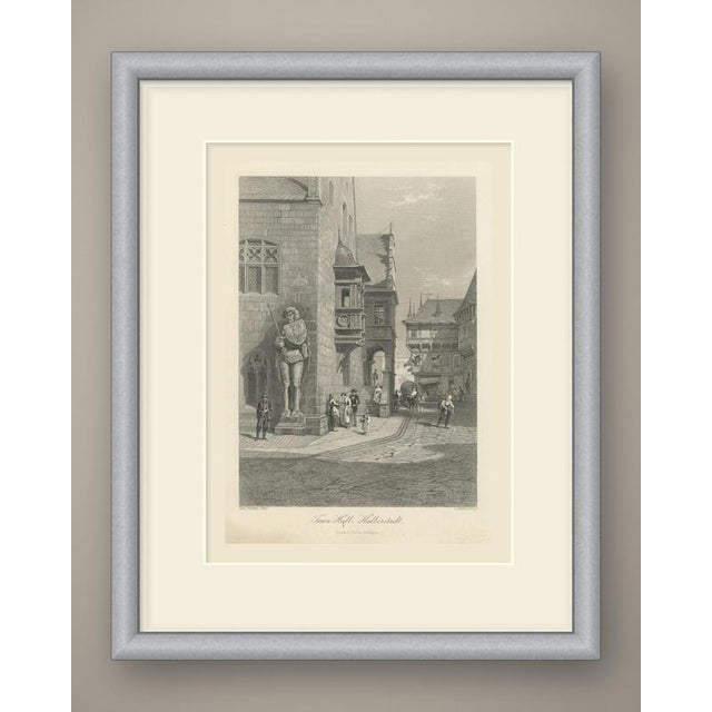 An upright steel engraving of the Town Hall of Halberstadt with its Roland statue, after Carl Werner, in the original...