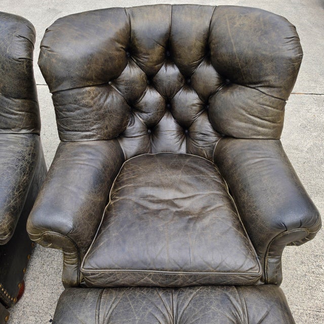Olive Vintage Henredon for Ralph Lauren English Chesterfield Leather Chair & Ottoman a Pair For Sale - Image 8 of 18