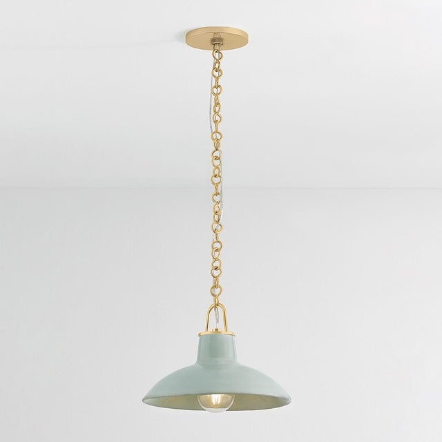 Mid-Century Modern Hudson Valley Lighting Pottersville 12.5 in. 1 Light Pendant in Aged Brass and Ceramic Moss Crackle Finish For Sale - Image 3 of 5
