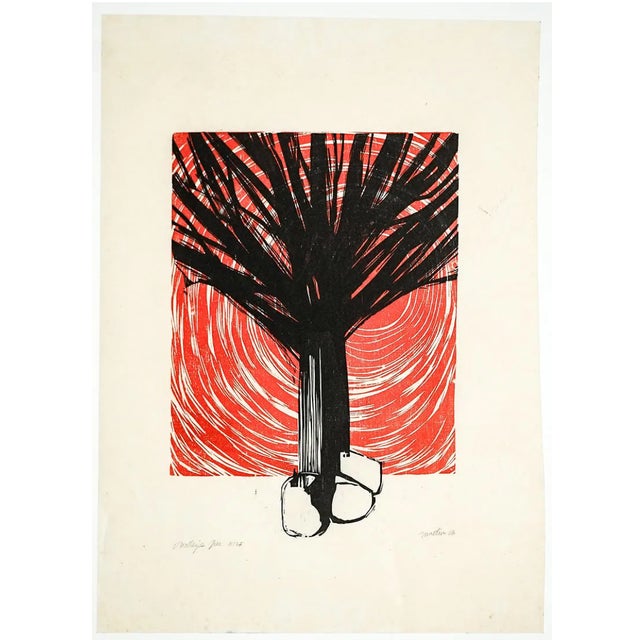 Woodcut by Rockport artist Roger Martin (1925-2015) "O'Malley's Tree" color woodblock print on paper, pencil signed,...