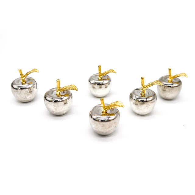 Late 20th Century Vintage Silver Plate and Gold Tone Apple Place Card Holders - Set of 6 For Sale - Image 5 of 8