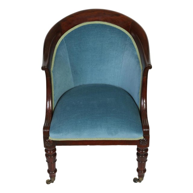 English Regency Style Mahogany Barrel Library Chair in Blue Velvet For Sale