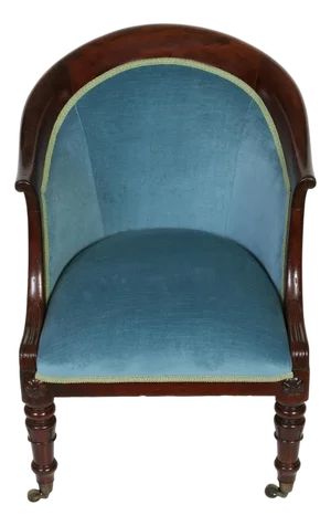 English Regency Style Mahogany Barrel Library Chair in Blue Velvet