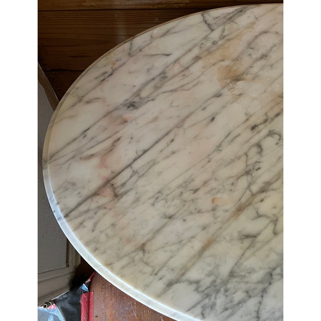 Mid 20th Century French Provincial Style Oval Marble-Top Center Table | Italian Marble | Carved Rose Garland Apron | Lyre Base For Sale - Image 4 of 14