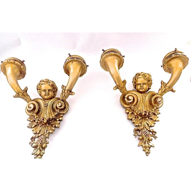 Pair 19thc French louis XV Carved & Giltwood Putto/ Cherub Electrified Wall Sconces. These are spectacular! very high...
