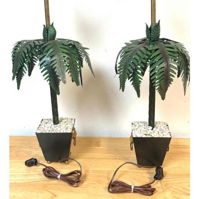Green Pair of Hollywood Regency Polychromed Tole Palm Tree Topiary Lamps, Circa 1970s For Sale - Image 8 of 14