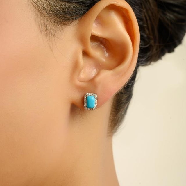 Modern 1.25 Carat Turquoise Stud Earrings With Diamonds in 18k Solid Gold- A Pair For Sale In New York - Image 6 of 13
