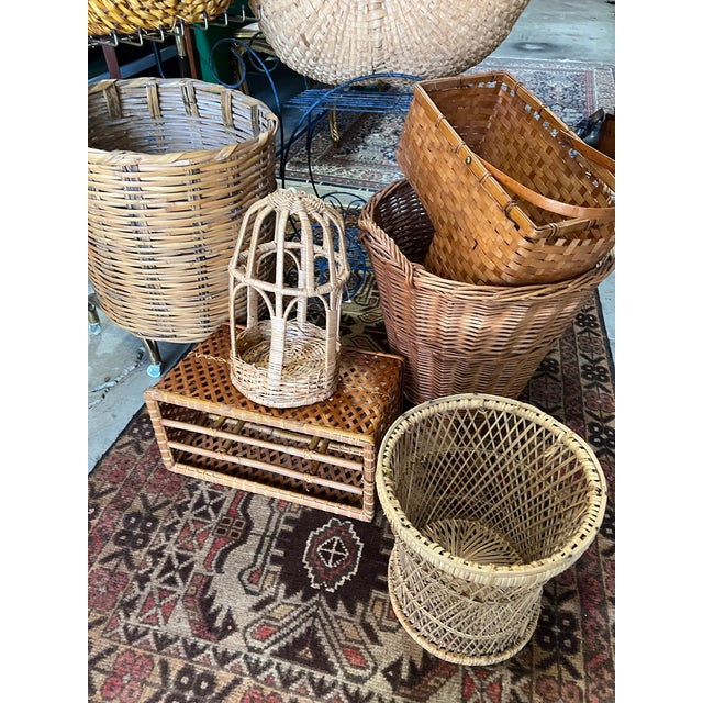 Brown Vintage Hand Woven Wicker Basket With Brown Handle For Sale - Image 8 of 10