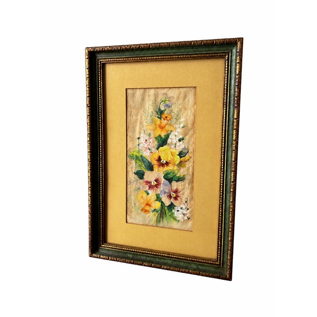 Signed E. Barton Spring Floral Artwork With Pansies and Daffodils in Green and Gold Frame For Sale - Image 4 of 6