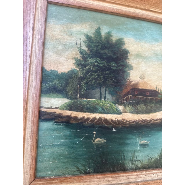Early 20th Century Signed Oil on Board River Landscape With Swans For Sale - Image 4 of 7